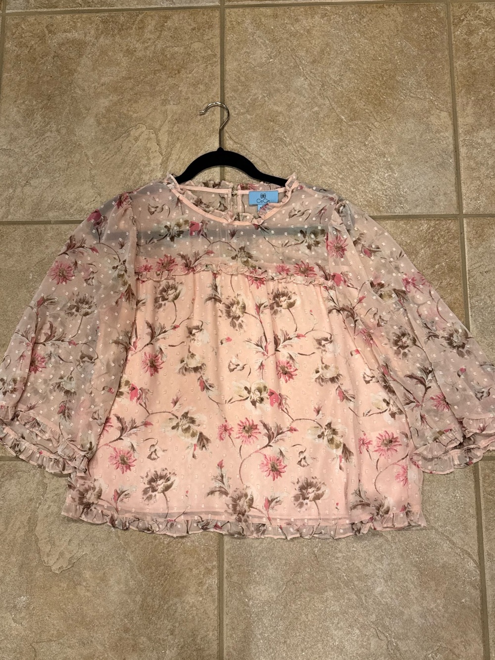 CeCe Pink Floral Sheer Ruffle Floral Blouse